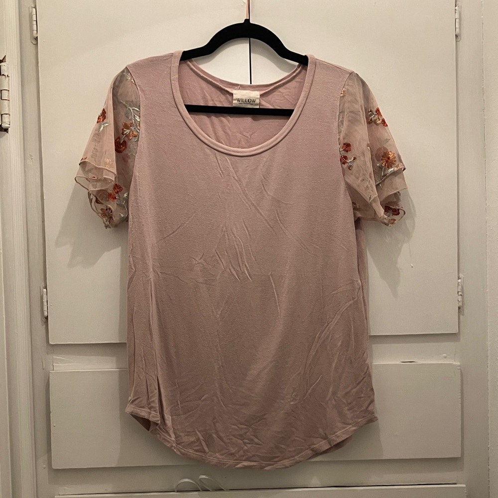Willow Blush Top with Floral Mesh Sleeves